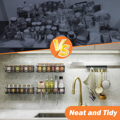 Spice Rack Wall Mounted 4 Pack, For Spice Jars & Seasonings,Black | 4 Removalble Hooks,Screw or Adhesive Hanging, Space-Saving,For Kitchen Cabinet, Pantry Door,Stove,RV Use,11.41x2.75x2.75in