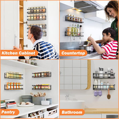 Spice Rack Wall Mounted 4 Pack, For Spice Jars & Seasonings,Black | 4 Removalble Hooks,Screw or Adhesive Hanging, Space-Saving,For Kitchen Cabinet, Pantry Door,Stove,RV Use,11.41x2.75x2.75in
