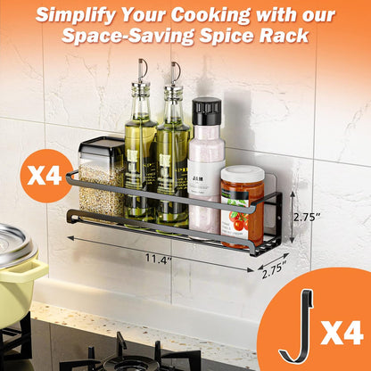Spice Rack Wall Mounted 4 Pack, For Spice Jars & Seasonings,Black | 4 Removalble Hooks,Screw or Adhesive Hanging, Space-Saving,For Kitchen Cabinet, Pantry Door,Stove,RV Use,11.41x2.75x2.75in