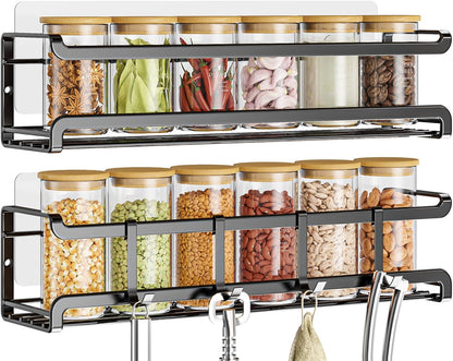 Spice Rack Wall Mounted 4 Pack, For Spice Jars & Seasonings,Black | 4 Removalble Hooks,Screw or Adhesive Hanging, Space-Saving,For Kitchen Cabinet, Pantry Door,Stove,RV Use,11.41x2.75x2.75in