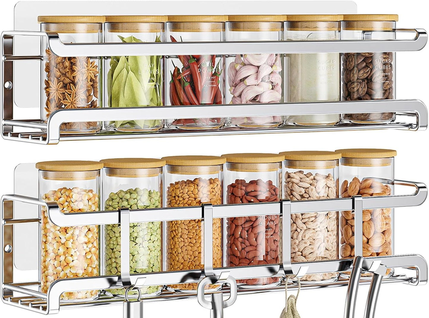 Spice Rack Wall Mounted 4 Pack, For Spice Jars & Seasonings,Black | 4 Removalble Hooks,Screw or Adhesive Hanging, Space-Saving,For Kitchen Cabinet, Pantry Door,Stove,RV Use,11.41x2.75x2.75in