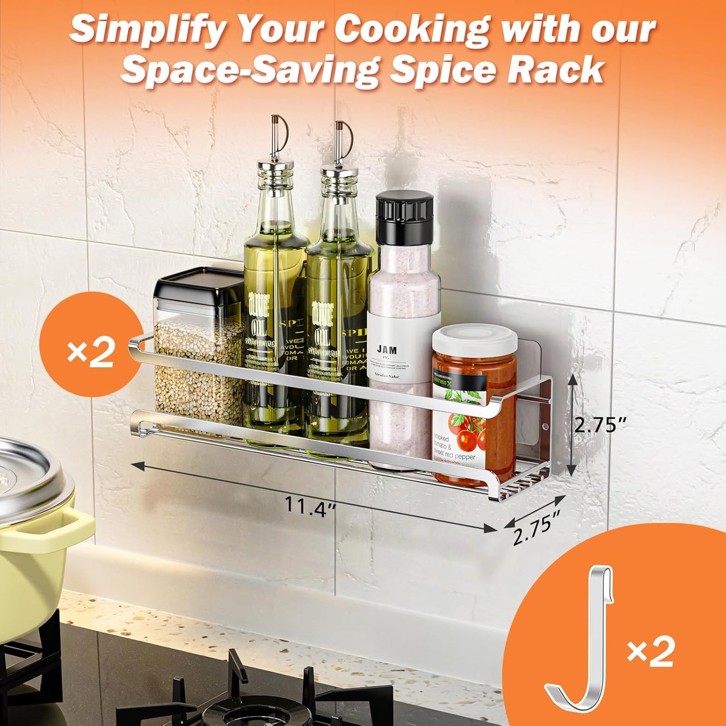 Spice Rack Wall Mounted 4 Pack, For Spice Jars & Seasonings,Black | 4 Removalble Hooks,Screw or Adhesive Hanging, Space-Saving,For Kitchen Cabinet, Pantry Door,Stove,RV Use,11.41x2.75x2.75in
