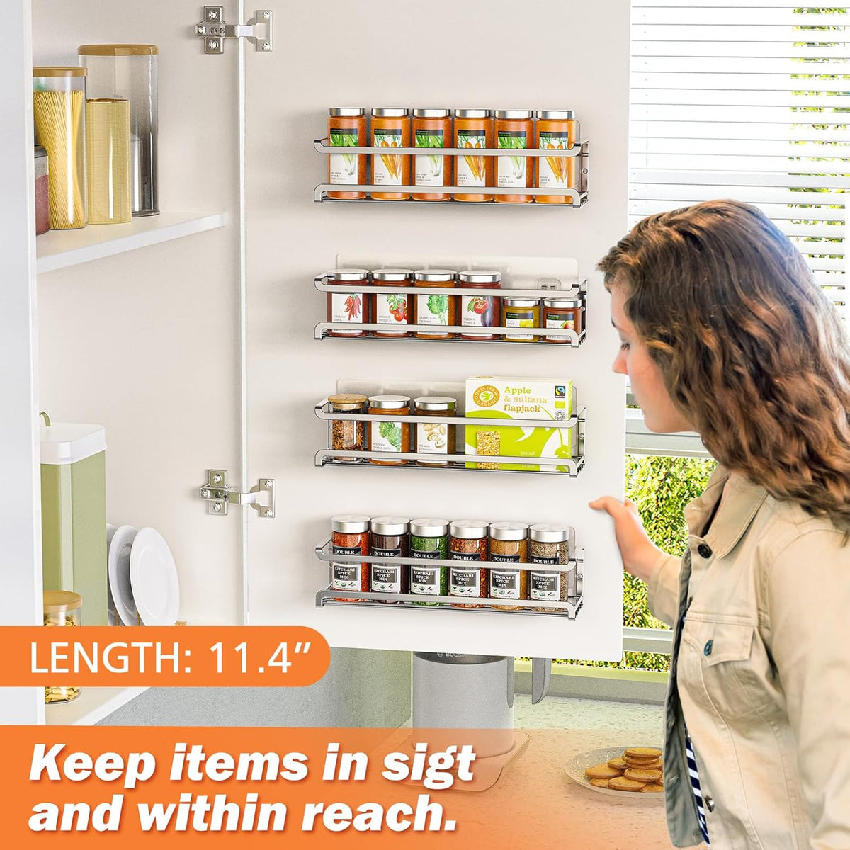 Spice Rack Wall Mounted 4 Pack, For Spice Jars & Seasonings,Black | 4 Removalble Hooks,Screw or Adhesive Hanging, Space-Saving,For Kitchen Cabinet, Pantry Door,Stove,RV Use,11.41x2.75x2.75in