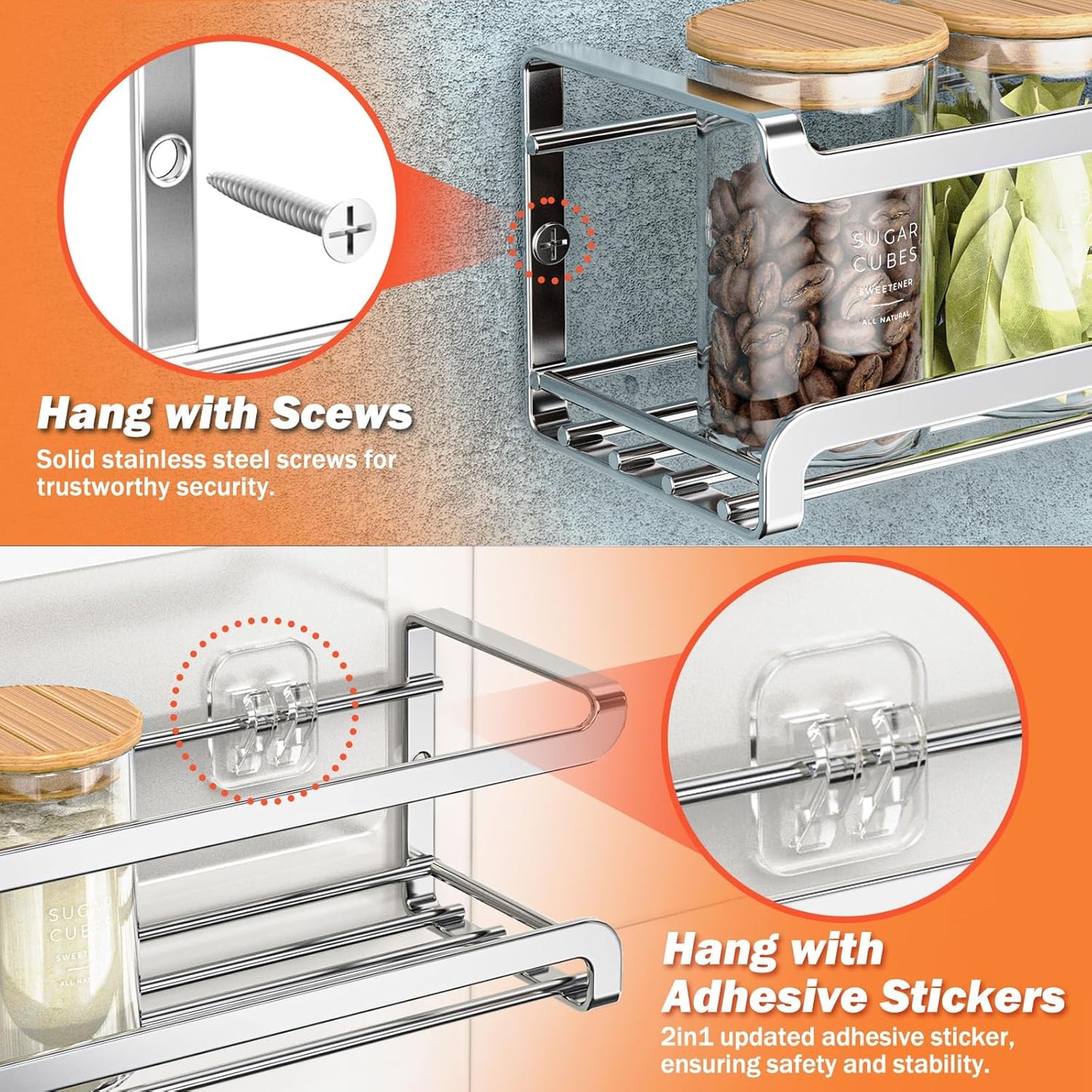 Spice Rack Wall Mounted 4 Pack, For Spice Jars & Seasonings,Black | 4 Removalble Hooks,Screw or Adhesive Hanging, Space-Saving,For Kitchen Cabinet, Pantry Door,Stove,RV Use,11.41x2.75x2.75in