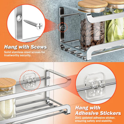 Spice Rack Wall Mounted 4 Pack, For Spice Jars & Seasonings,Black | 4 Removalble Hooks,Screw or Adhesive Hanging, Space-Saving,For Kitchen Cabinet, Pantry Door,Stove,RV Use,11.41x2.75x2.75in