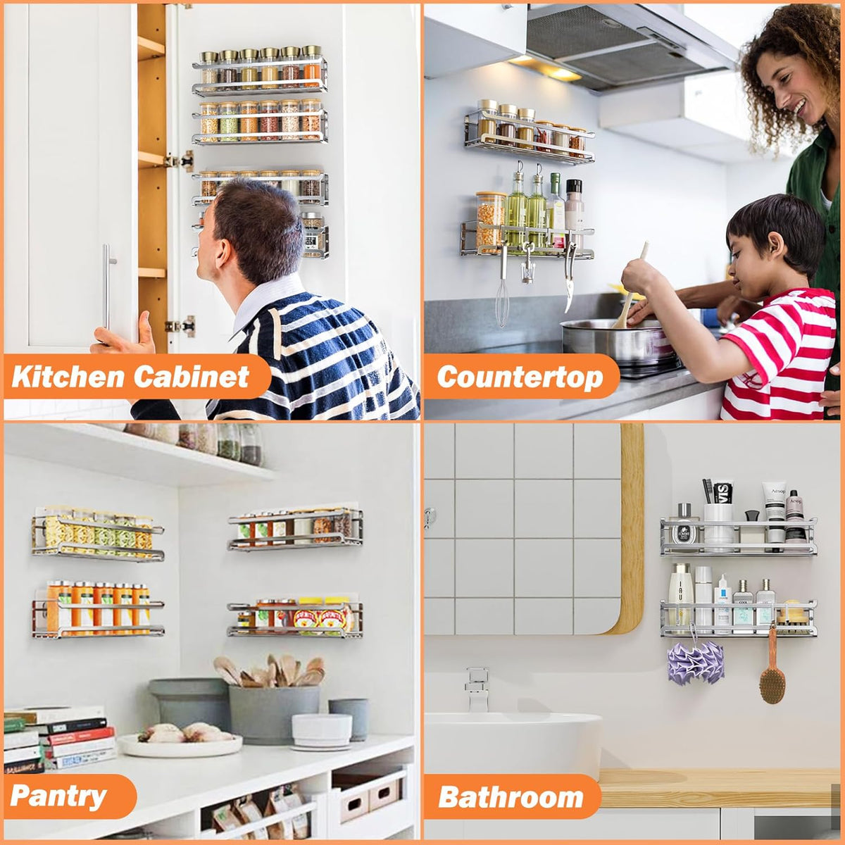 Spice Rack Wall Mounted 4 Pack, For Spice Jars & Seasonings,Black | 4 Removalble Hooks,Screw or Adhesive Hanging, Space-Saving,For Kitchen Cabinet, Pantry Door,Stove,RV Use,11.41x2.75x2.75in