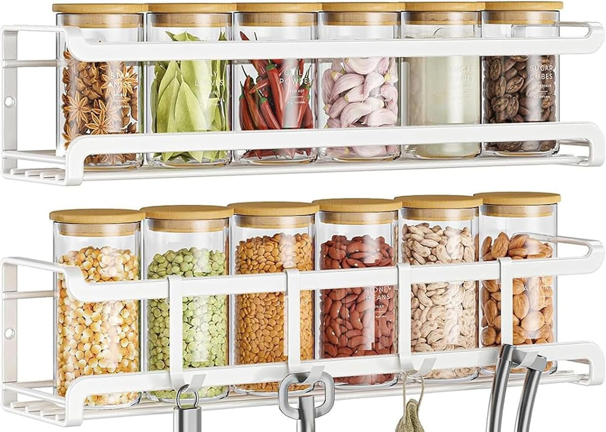 Spice Rack Wall Mounted 4 Pack, For Spice Jars & Seasonings,Black | 4 Removalble Hooks,Screw or Adhesive Hanging, Space-Saving,For Kitchen Cabinet, Pantry Door,Stove,RV Use,11.41x2.75x2.75in