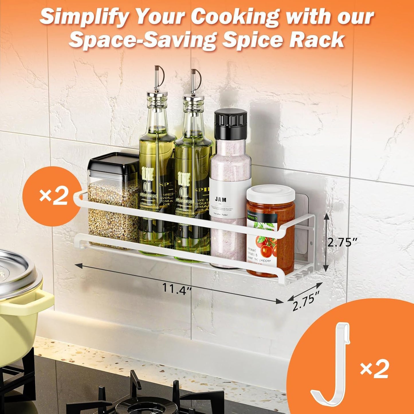 Spice Rack Wall Mounted 4 Pack, For Spice Jars & Seasonings,Black | 4 Removalble Hooks,Screw or Adhesive Hanging, Space-Saving,For Kitchen Cabinet, Pantry Door,Stove,RV Use,11.41x2.75x2.75in