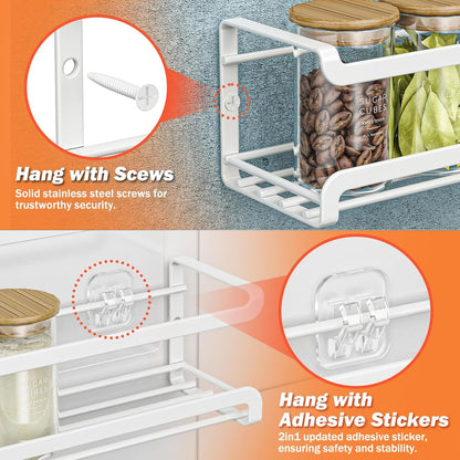 Spice Rack Wall Mounted 4 Pack, For Spice Jars & Seasonings,Black | 4 Removalble Hooks,Screw or Adhesive Hanging, Space-Saving,For Kitchen Cabinet, Pantry Door,Stove,RV Use,11.41x2.75x2.75in