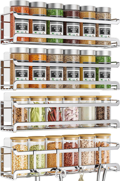 Spice Rack Wall Mounted 4 Pack, For Spice Jars & Seasonings,Black | 4 Removalble Hooks,Screw or Adhesive Hanging, Space-Saving,For Kitchen Cabinet, Pantry Door,Stove,RV Use,11.41x2.75x2.75in