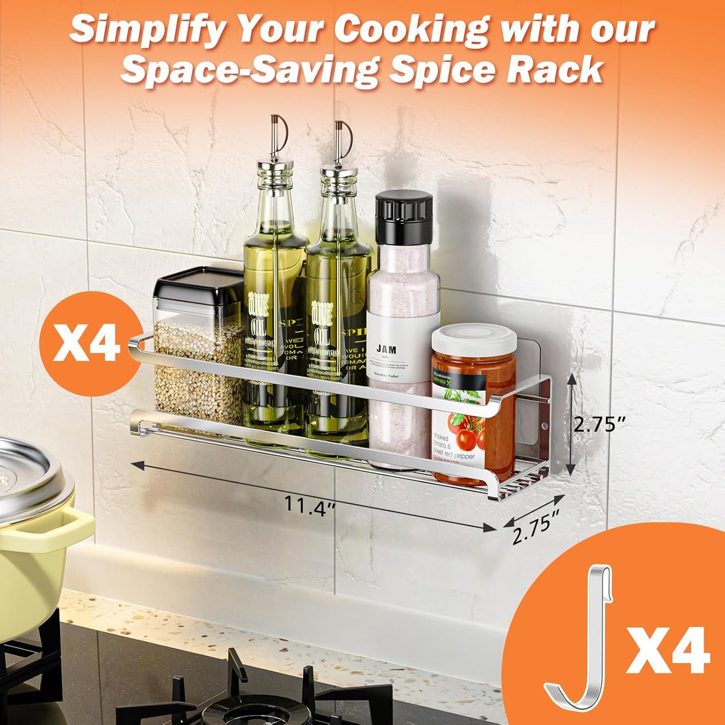 Spice Rack Wall Mounted 4 Pack, For Spice Jars & Seasonings,Black | 4 Removalble Hooks,Screw or Adhesive Hanging, Space-Saving,For Kitchen Cabinet, Pantry Door,Stove,RV Use,11.41x2.75x2.75in
