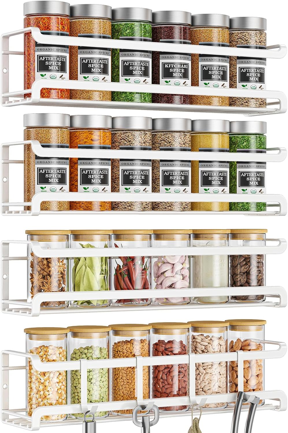Spice Rack Wall Mounted 4 Pack, For Spice Jars & Seasonings,Black | 4 Removalble Hooks,Screw or Adhesive Hanging, Space-Saving,For Kitchen Cabinet, Pantry Door,Stove,RV Use,11.41x2.75x2.75in