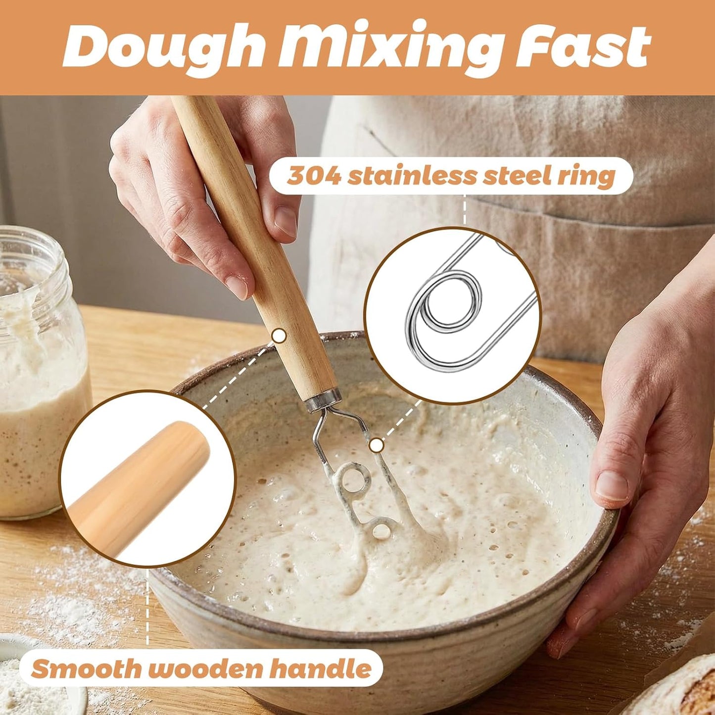 2 Pcs 13 Inch Sourdough Starter Stirring Hook Danish Dough Whisk Wooden Dutch Mixer Hand Utensil with Stainless Steel Dough Hook for Bread, Pizza, Pastry, Cake Batter Making Tool