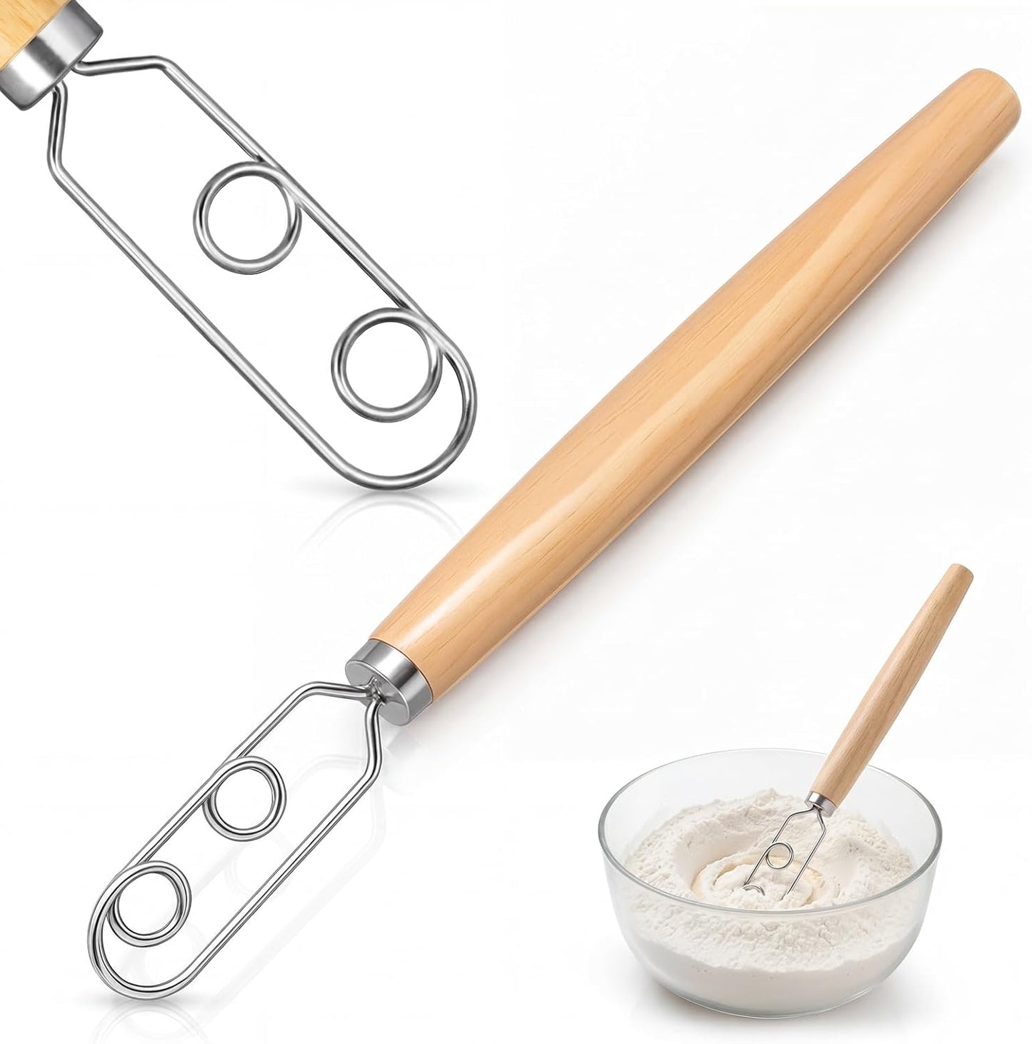 2 Pcs 13 Inch Sourdough Starter Stirring Hook Danish Dough Whisk Wooden Dutch Mixer Hand Utensil with Stainless Steel Dough Hook for Bread, Pizza, Pastry, Cake Batter Making Tool