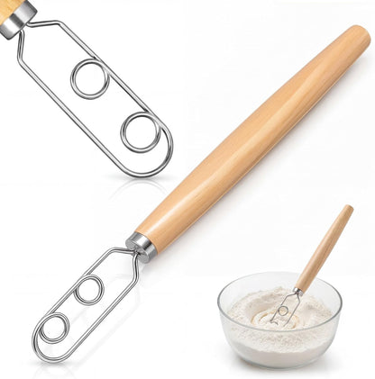 2 Pcs 13 Inch Sourdough Starter Stirring Hook Danish Dough Whisk Wooden Dutch Mixer Hand Utensil with Stainless Steel Dough Hook for Bread, Pizza, Pastry, Cake Batter Making Tool