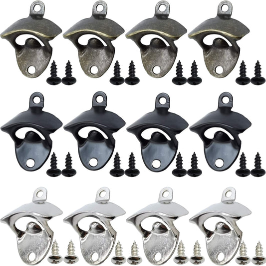12PCS Wall Mounted Bottle Opener Vintage Beer Bottle Opener Suitable for Bars KTV Hotels Homes (Black+Silver+Green Bronze)