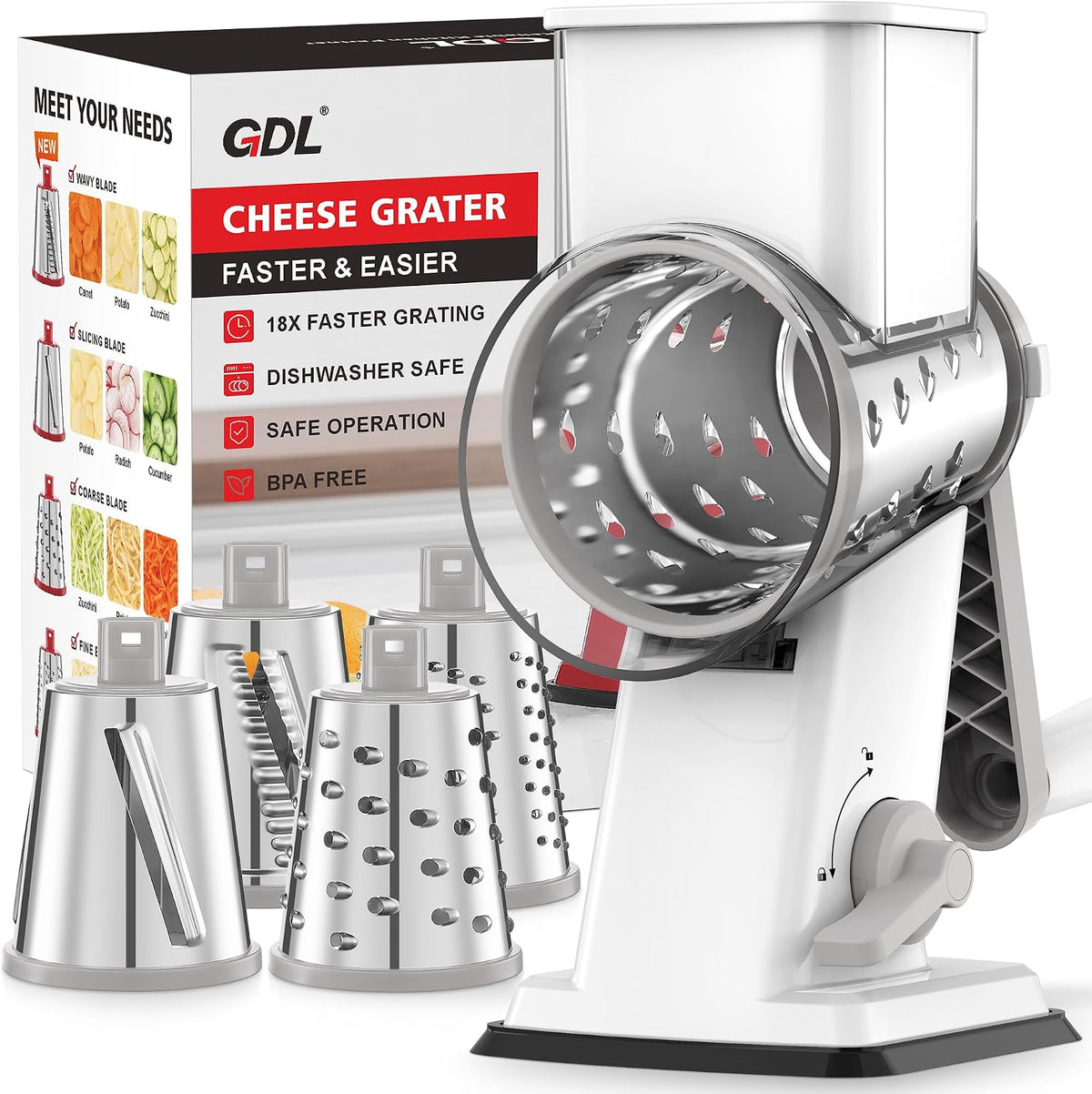 Upgraded Cheese Grater Shredder Hand Crank, Vegetable Slicer, 4 Blades