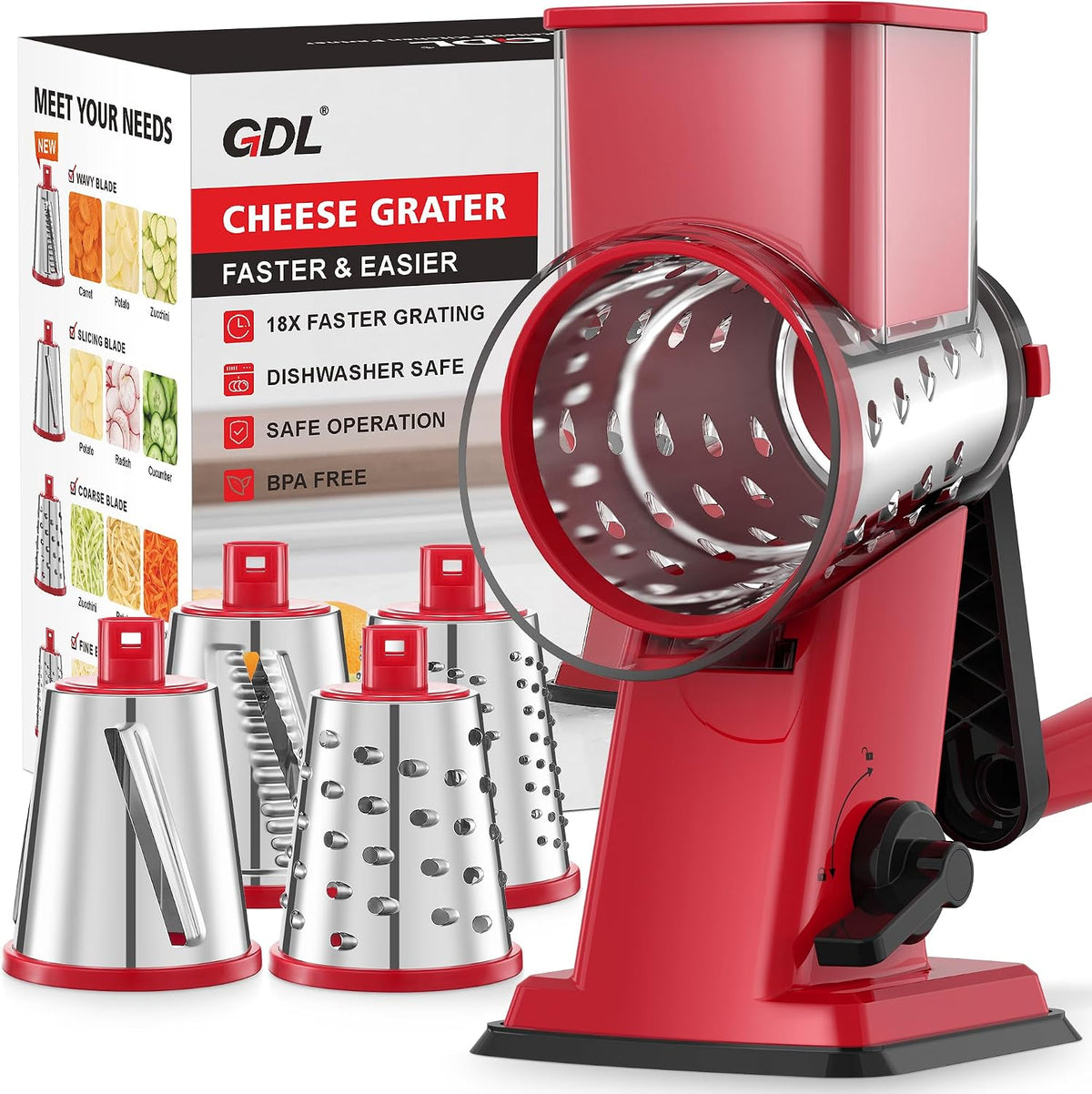 Upgraded Cheese Grater Shredder Hand Crank, Vegetable Slicer, 4 Blades