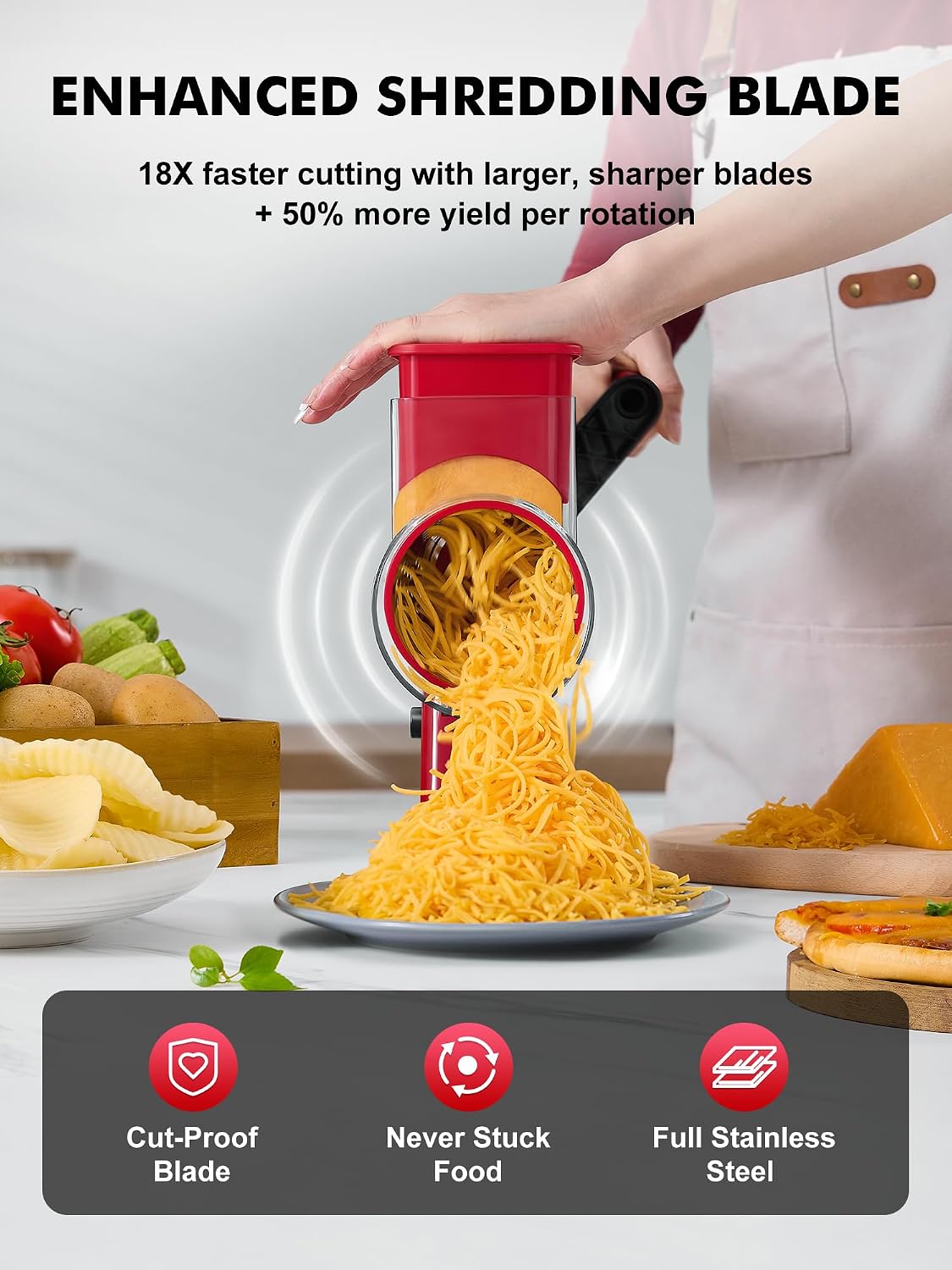 Upgraded Cheese Grater Shredder Hand Crank, Vegetable Slicer, 4 Blades