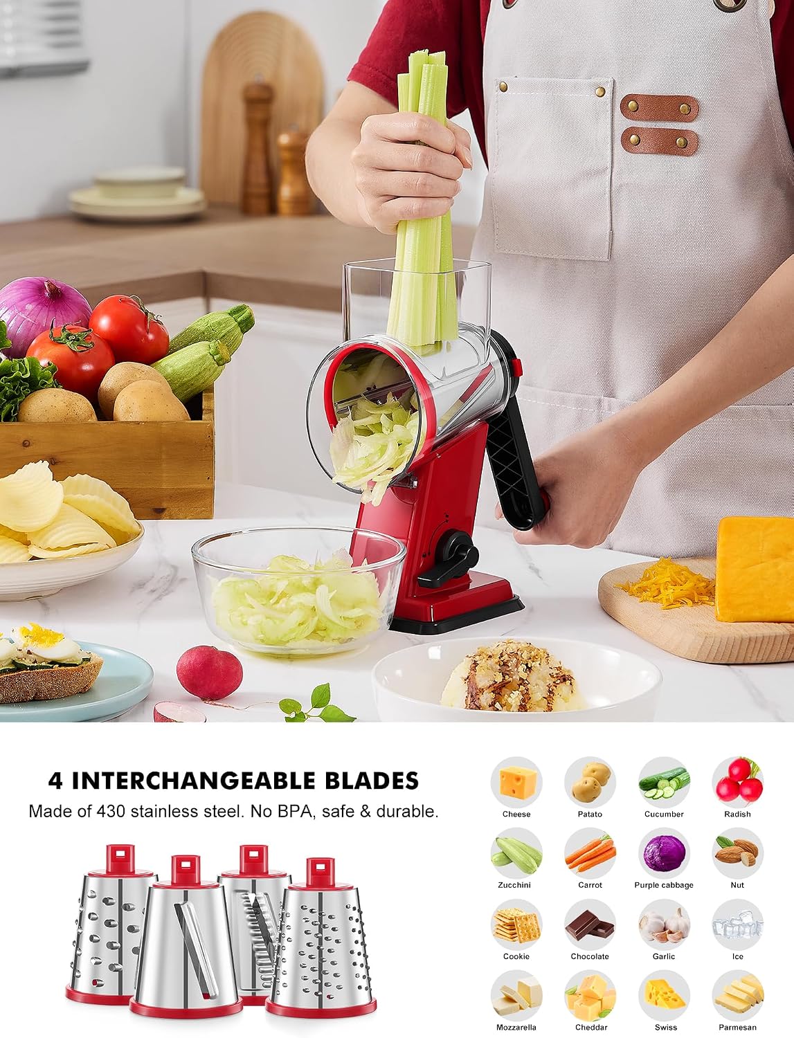 Upgraded Cheese Grater Shredder Hand Crank, Vegetable Slicer, 4 Blades
