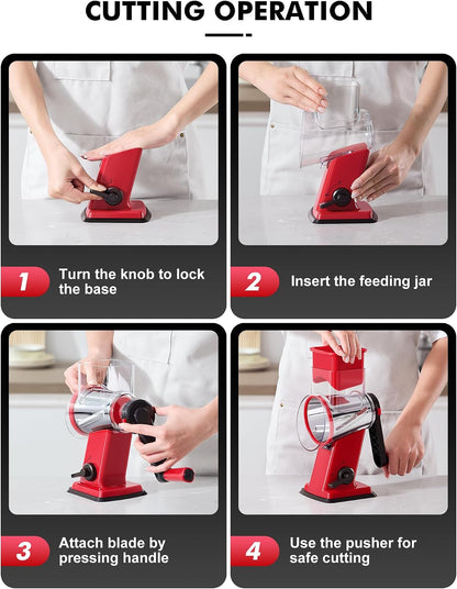 Upgraded Cheese Grater Shredder Hand Crank, Vegetable Slicer, 4 Blades
