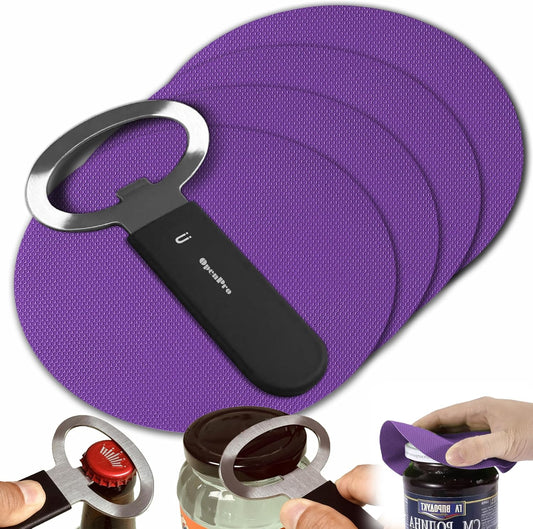 Magnetic Jar Opener Gripper, Jar Openers Top Rated For Seniors Weak Hands, Bottle Opener Built-In, 2-IN-1 Jar & Bottle Opener x 1, Black, Rubber Jar Openers Gripper x 4