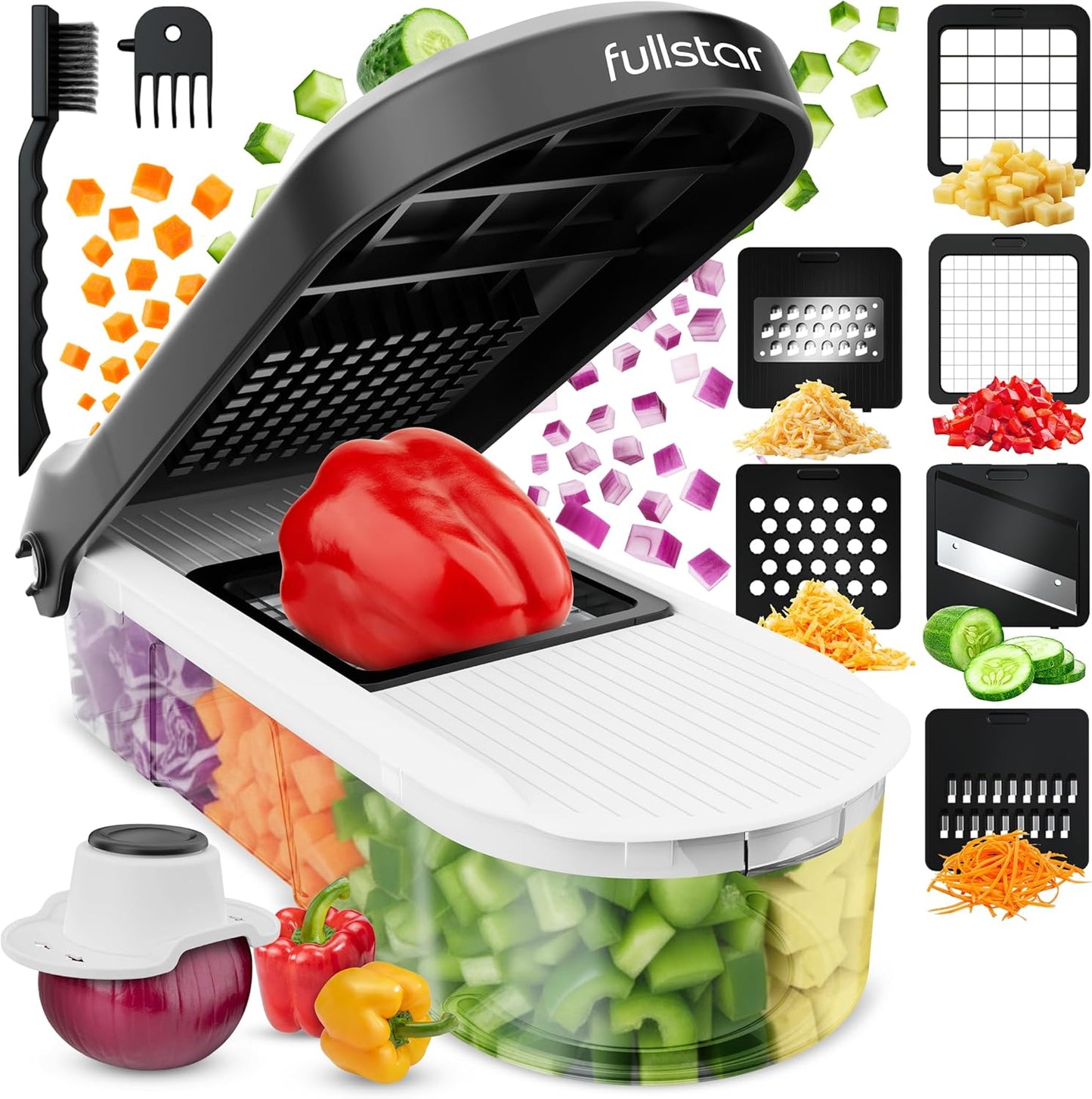 Pro Core Vegetable Chopper & Mandoline Slicer, Meal Prep Essential | 6 in 1 Veggie Slicer, Onion & Fruit Slicer with Julienne, Grater & Dicer Stainless Steel Blades + Container (White)