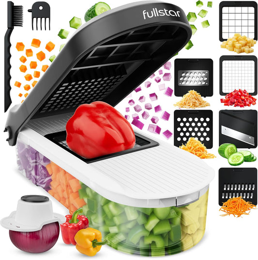 Pro Core Vegetable Chopper & Mandoline Slicer, Meal Prep Essential | 6 in 1 Veggie Slicer, Onion & Fruit Slicer with Julienne, Grater & Dicer Stainless Steel Blades + Container (White)