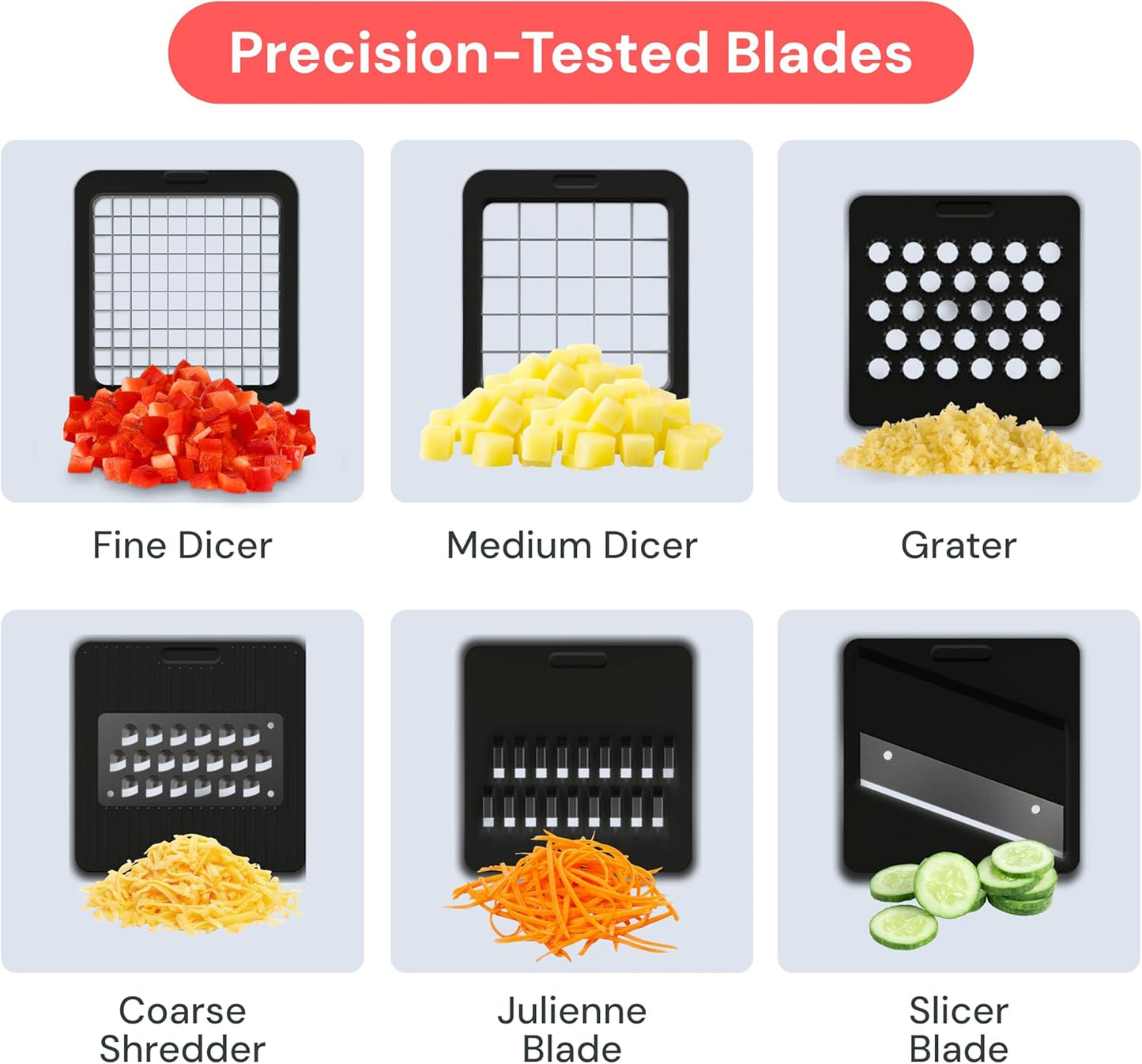 Pro Core Vegetable Chopper & Mandoline Slicer, Meal Prep Essential | 6 in 1 Veggie Slicer, Onion & Fruit Slicer with Julienne, Grater & Dicer Stainless Steel Blades + Container (White)