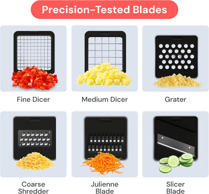 Pro Core Vegetable Chopper & Mandoline Slicer, Meal Prep Essential | 6 in 1 Veggie Slicer, Onion & Fruit Slicer with Julienne, Grater & Dicer Stainless Steel Blades + Container (White)