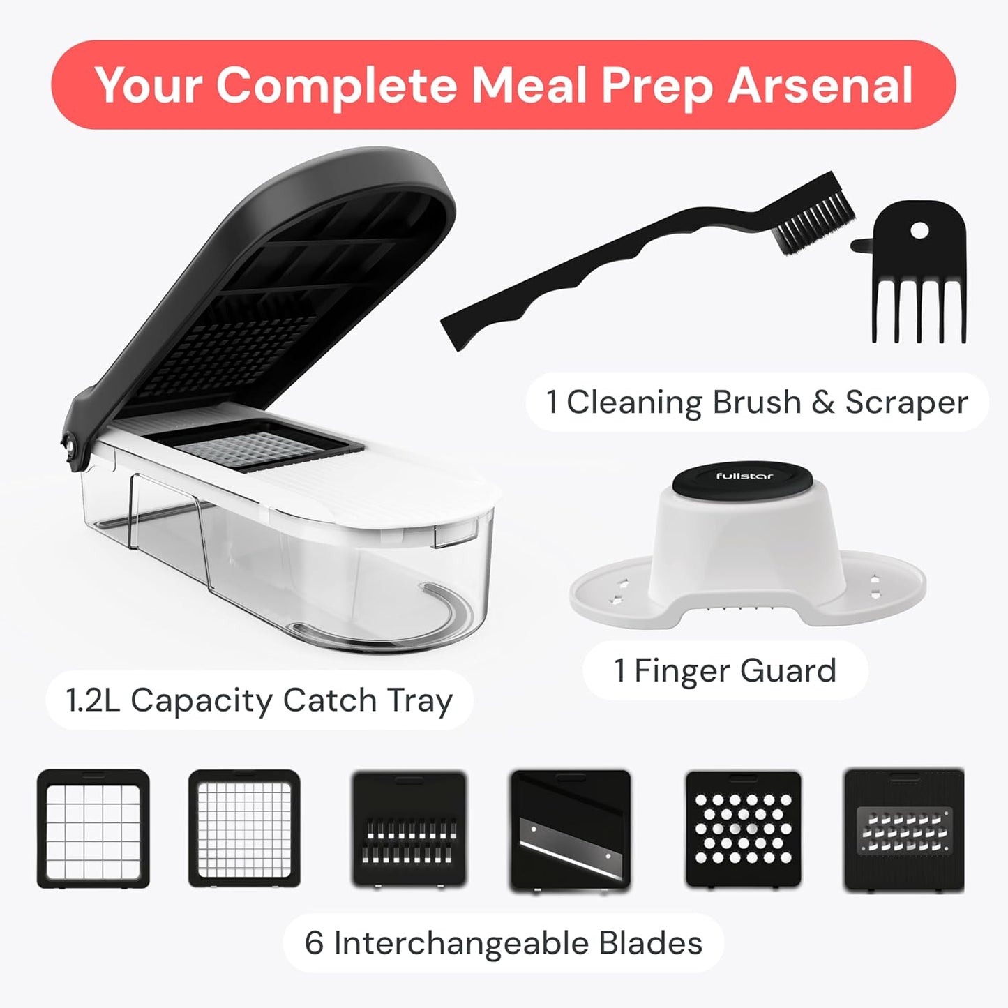 Pro Core Vegetable Chopper & Mandoline Slicer, Meal Prep Essential | 6 in 1 Veggie Slicer, Onion & Fruit Slicer with Julienne, Grater & Dicer Stainless Steel Blades + Container (White)