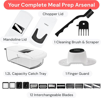 Pro Core Vegetable Chopper & Mandoline Slicer, Meal Prep Essential | 6 in 1 Veggie Slicer, Onion & Fruit Slicer with Julienne, Grater & Dicer Stainless Steel Blades + Container (White)