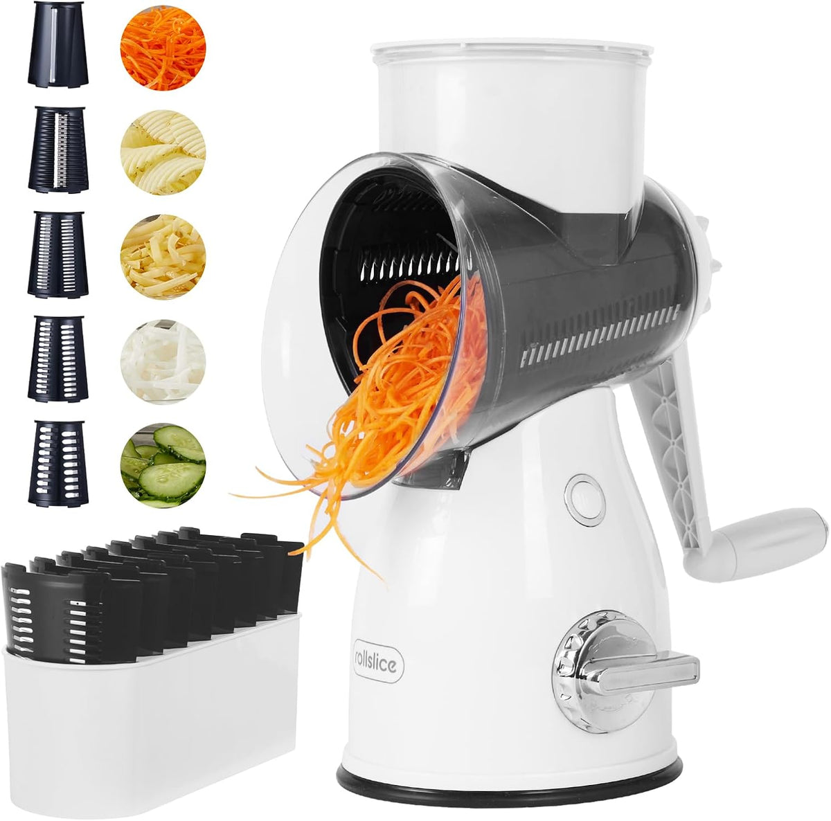 Rotary Cheese Grater with Handle – Vegetable Slicer & Cheese Shredder with 5 Stainless Steel Blades, Strong Suction Base & Storage Box for Kitchen