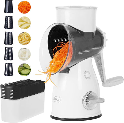 Rotary Cheese Grater with Handle – Vegetable Slicer & Cheese Shredder with 5 Stainless Steel Blades, Strong Suction Base & Storage Box for Kitchen