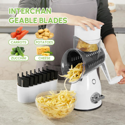 Rotary Cheese Grater with Handle – Vegetable Slicer & Cheese Shredder with 5 Stainless Steel Blades, Strong Suction Base & Storage Box for Kitchen
