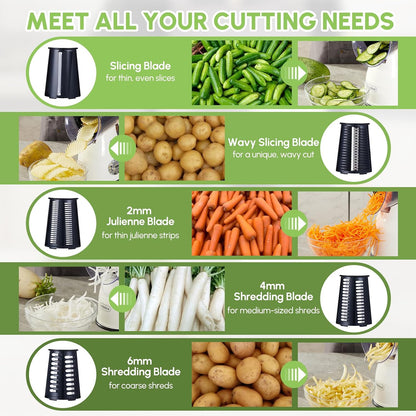 Rotary Cheese Grater with Handle – Vegetable Slicer & Cheese Shredder with 5 Stainless Steel Blades, Strong Suction Base & Storage Box for Kitchen