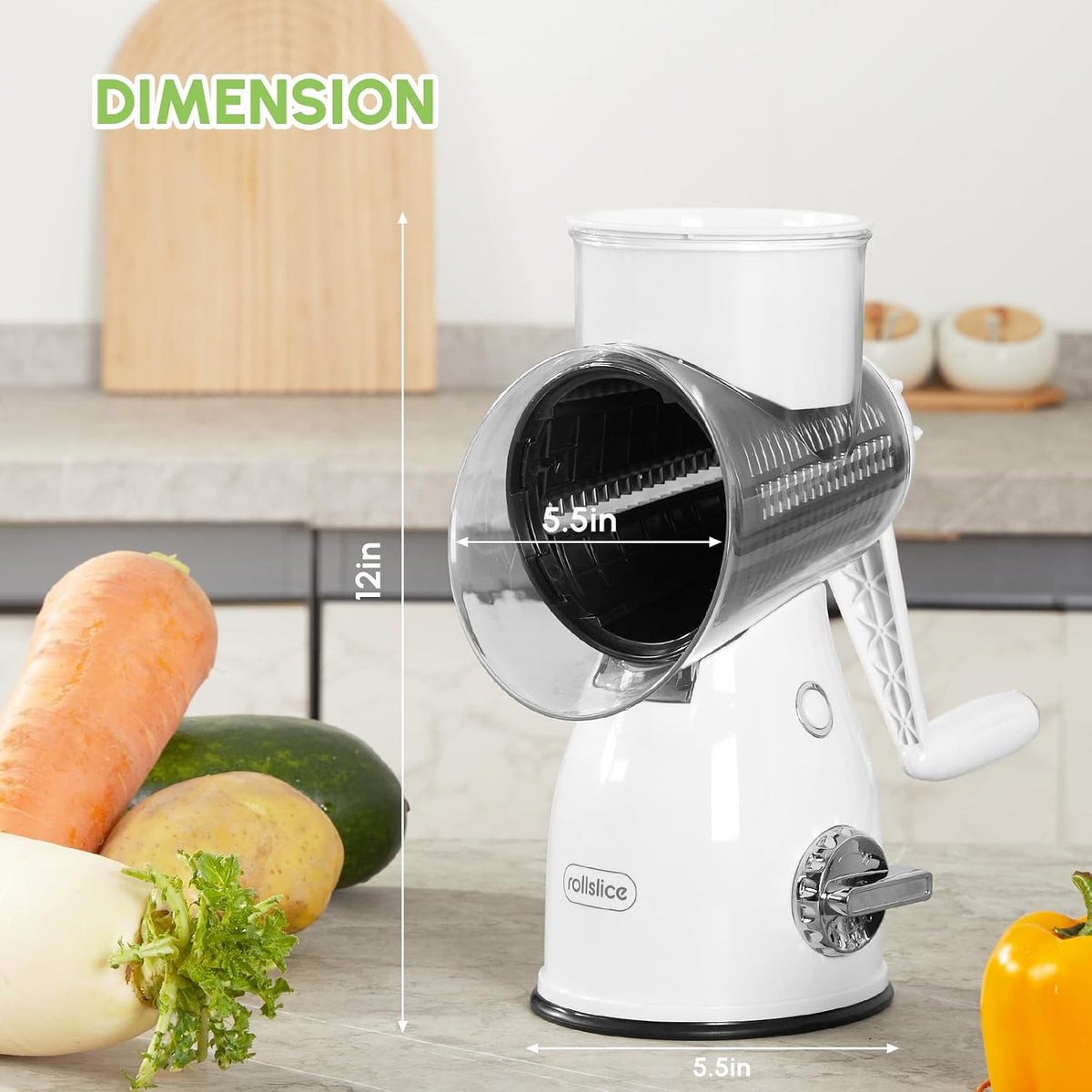 Rotary Cheese Grater with Handle – Vegetable Slicer & Cheese Shredder with 5 Stainless Steel Blades, Strong Suction Base & Storage Box for Kitchen