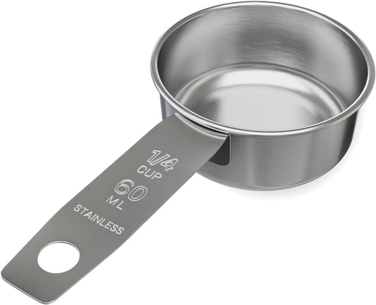 1/4 Cup Stainless Steel Measuring Cup | Sturdy Metal 60 ml | 60 cc | 2 oz | Single Cup for Wet and Dry Ingredients | Great for use as 1/4 Cup Dog Food Scoop - 1 PK