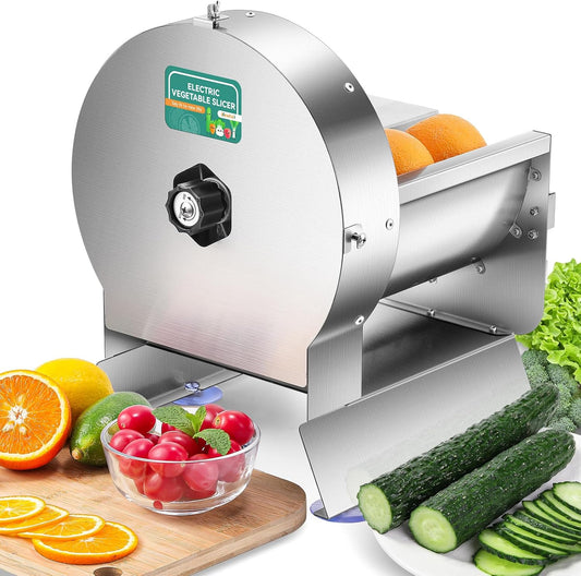 Electric Vegetable Slicer, Commercial Fruit Slicing Machine 0-0.5'' | 2 in 1 Veggie Cutter with Maual Mode & Complimentary Blades for Potato Onion Tomato Lemon, Stainless Steel, 110V