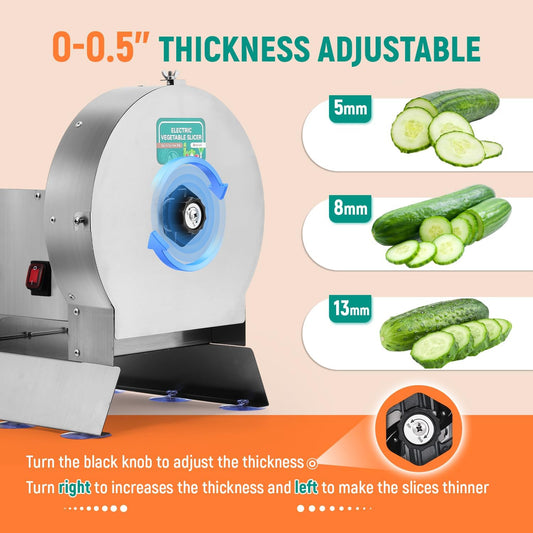 Electric Vegetable Slicer, Commercial Fruit Slicing Machine 0-0.5'' | 2 in 1 Veggie Cutter with Maual Mode & Complimentary Blades for Potato Onion Tomato Lemon, Stainless Steel, 110V