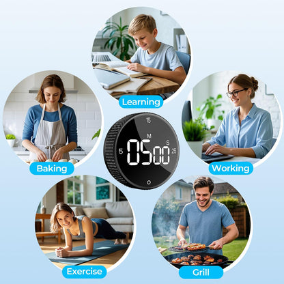 Digital Kitchen Timer with Magnetic, Large LED Display Countdown/Countup Timer, Pomodoro Preset 5/15/25 Mins, Volume & Brightness Adjustable for Cooking Baking Working Studying Silver