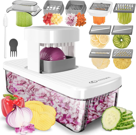 8-in-1 Vertical Vegetable Chopper Mandoline Slicer with Container White - Safe Tap Out Dicer with Hand Guard for Kitchen Easy Food Prep, Onion Potato Veggie Fruit