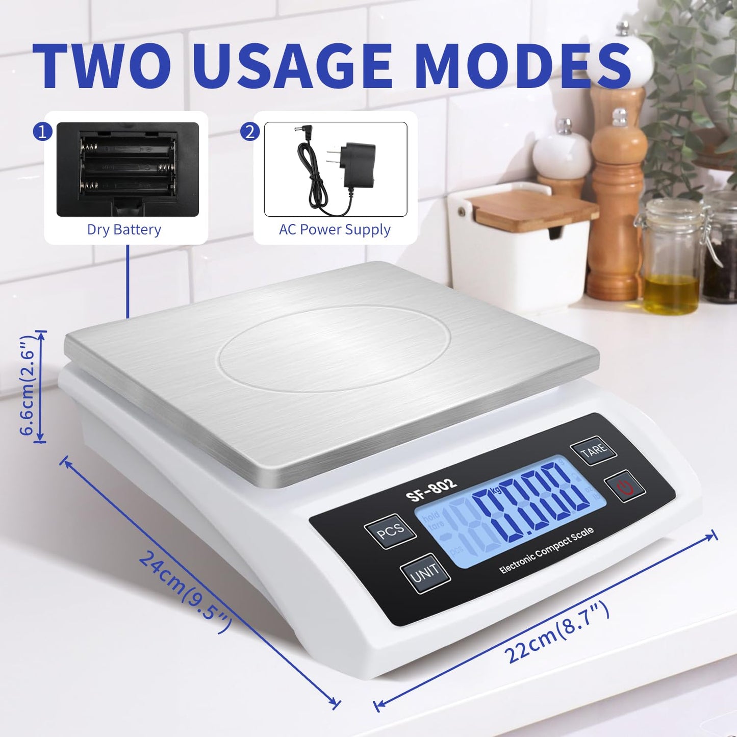 Large 30kg/66lb Food Scale for Baking Cooking Stainless Bread Scale with LCD Display Counting Scales for Coins Adapter Included(Stainless Black)