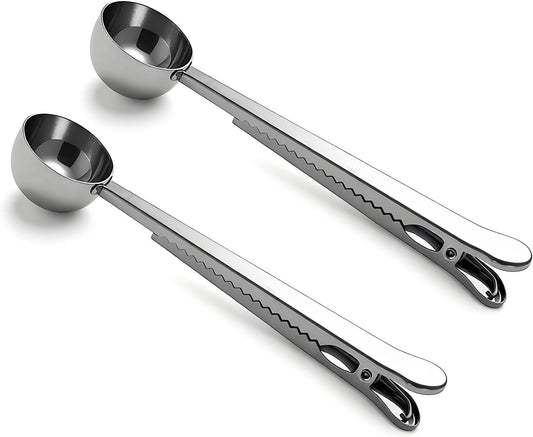 Coffee Scoop Spoon with Bag Clip, Silver, 2 Pcs, 1 Tbsp, 15ML | Stainless Steel, Long Handle, For Ground Coffee and Beans, For Loose Tea and Powder