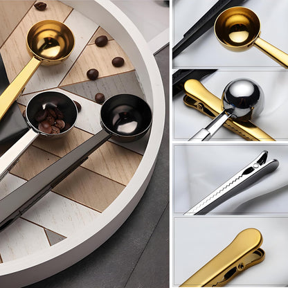 Coffee Scoop Spoon with Bag Clip, Silver, 2 Pcs, 1 Tbsp, 15ML | Stainless Steel, Long Handle, For Ground Coffee and Beans, For Loose Tea and Powder