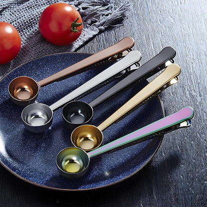 Coffee Scoop Spoon with Bag Clip, Silver, 2 Pcs, 1 Tbsp, 15ML | Stainless Steel, Long Handle, For Ground Coffee and Beans, For Loose Tea and Powder