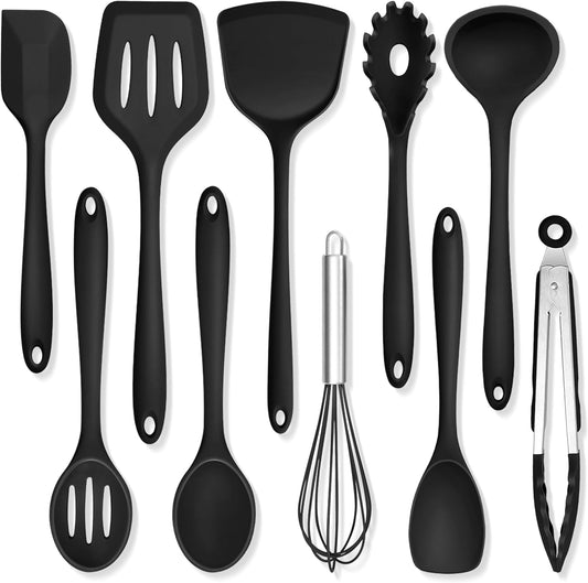 Silicone Cooking Utensils, 10 pcs Kitchen Cooking Utensils Set | Heat Resistant Kitchen Gadgets Tools Set w/Spatula, Turners, Spoons, Soup Ladle, Pasta Server for Nonstick Cookware, Black
