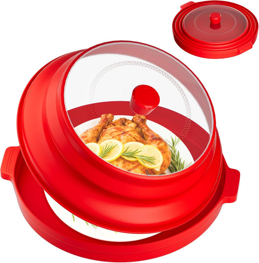 2 in 1 Microwave Splatter Cover for Food, Large Plastic & Silicone Collapsible Vented Food Guard Lid, Plate Holder & Kitchen Colander with Anti-scald Base Plate, Red