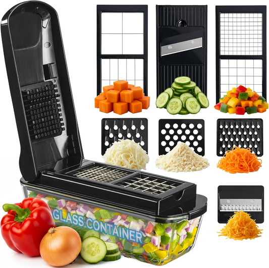 13-in-1 Vegetable Chopper Pro with Glass Container, Stainless Steel Blades, BPA-Free, Mandoline Slicer, Manual