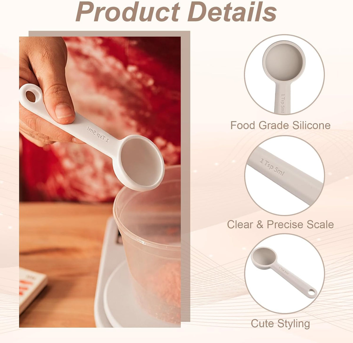 2 PCS Food Grade Silicone Measuring Spoon, (1/3tbsp, 5 ml) Single Teaspoon Scoop with Hanging Hole Mini Measure for Coffee Baking Cooking